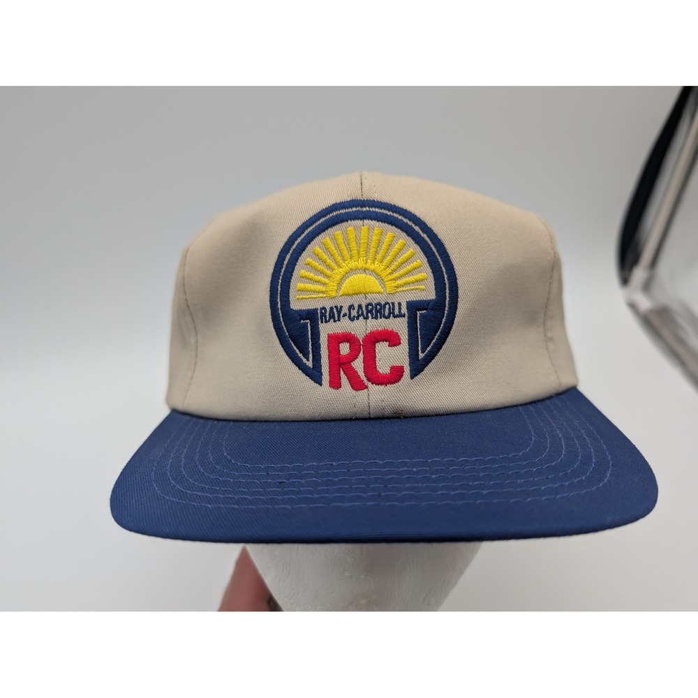 Vintage K-Products Ray-Carroll RC Trucker Hat Tan Navy Blue Snapback Cap RN45724